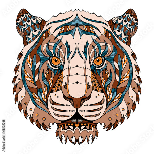 Fototapeta Naklejka Na Ścianę i Meble -  Tiger head zentangle stylized, vector, illustration, pattern, freehand pencil, hand drawn. Color.