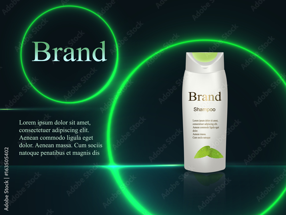 Design cosmetics. Shampoo on a dark background with bright neon light circles. Advertising, banner, poster, catalog, products. Design cosmetics. Shampoo on a dark background with bright neon light circles. Advertising, banner, poster, catalog, products.