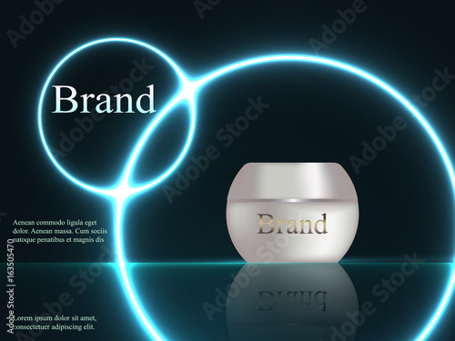 Design cosmetics, cream, white and pearly colors on a dark background with bright neon lights, advertising, poster, banner, 3D, vector