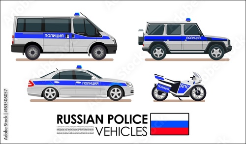 Russian Police Car Vehicles, Police Van, Police Motorcycle vector transportation set