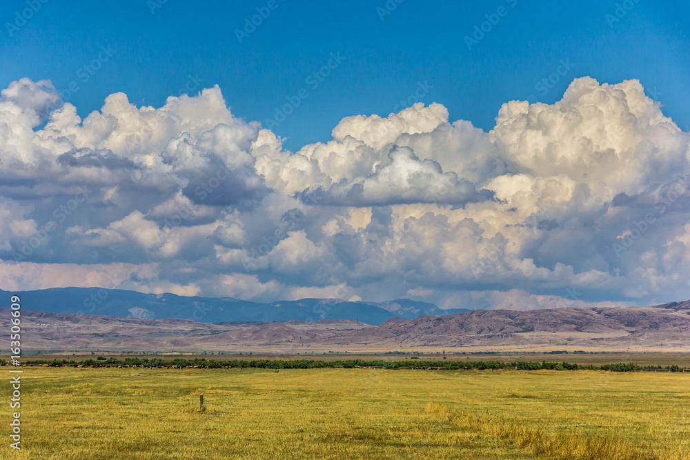 Blue sky with clouds. Summer steppe landscape. African desert with mountains view. 