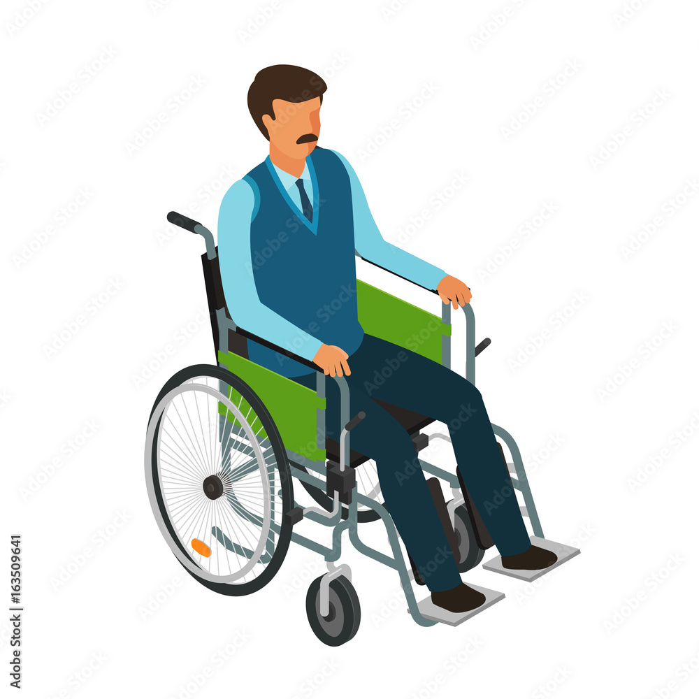 Man sits in wheelchair. Invalid, disabled, cripple icon or symbol. Cartoon vector illustration Man sits in wheelchair. Invalid, disabled, cripple icon or symbol. Cartoon vector illustration
