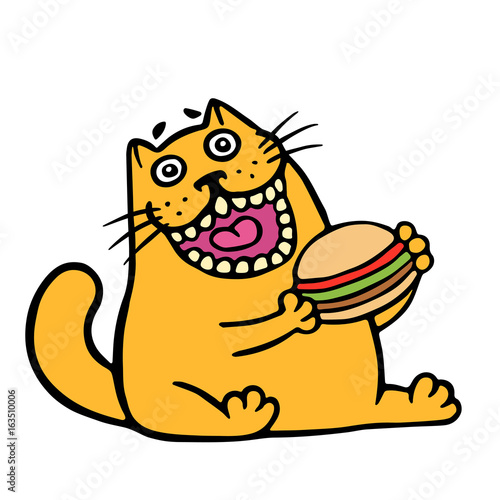 Cartoon orange cat is eating a hamburger. Isolated vector illustration.