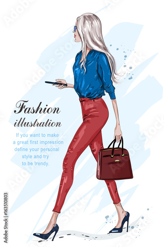 Beautiful fashion woman walking. Fashion stylish girl with accessories. Stylish businesswoman. Hand drawn fashion model in sunglasses. Sketch. Vector illustration.