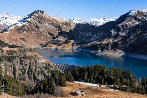 Incredible view of the lake and Roselend Dam in Beaufortain and French Alps