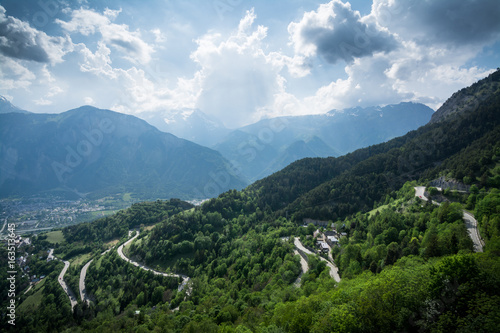 Route of the 21 bends of the Alpe d'Huez in the French Alps for the Tour de France in Oisans