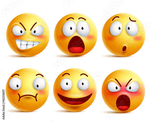 Smileys vector set. Smiley face or yellow emoticons with facial expressions and emotions like happy, shouting, confused and shocked isolated in white background. Vector illustration.
