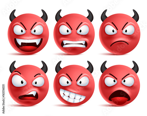 Demon smileys vector set. Bad devil smiley face or red emoticons with facial expressions and emotions like happy, angry and naughty isolated in white background. Vector illustration.
