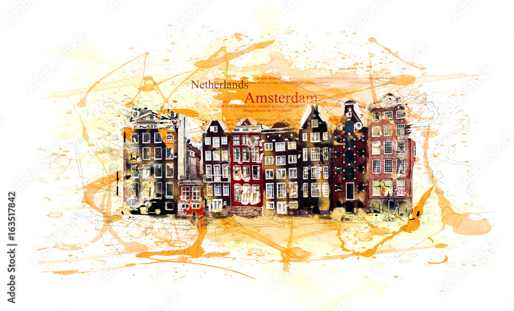 Fototapeta premium City of Amsterdam - Houses / Architecture - Illustration, Watercolors, Splash Style