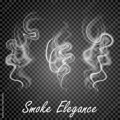 Delicate white set vector cigarette smoke on transparent background. Isolated smoke vector illustration.