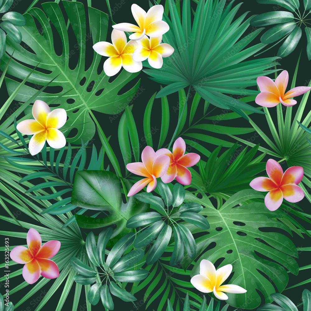 Obraz premium Seamless exotic pattern with tropical leaves and flowers on a dark background background. Realistic tropical plants seamless pattern. Vector illustration.