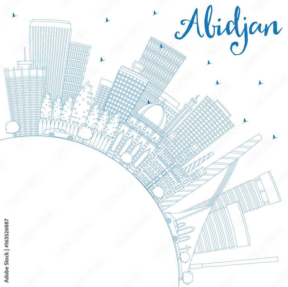 Outline Abidjan Skyline with Blue Buildings and Copy Space.