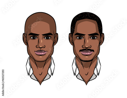 Portrait of two young attractive Afro american guys. Set of two types dark skin men with and without beard and mustache