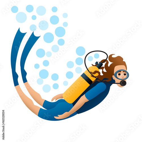 Scuba diver floats in water. Isolated image. White background. Vector