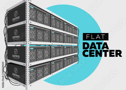 Flat Vector Isolated Illustration of Data Center in Perspective. Grey Computer Rack.