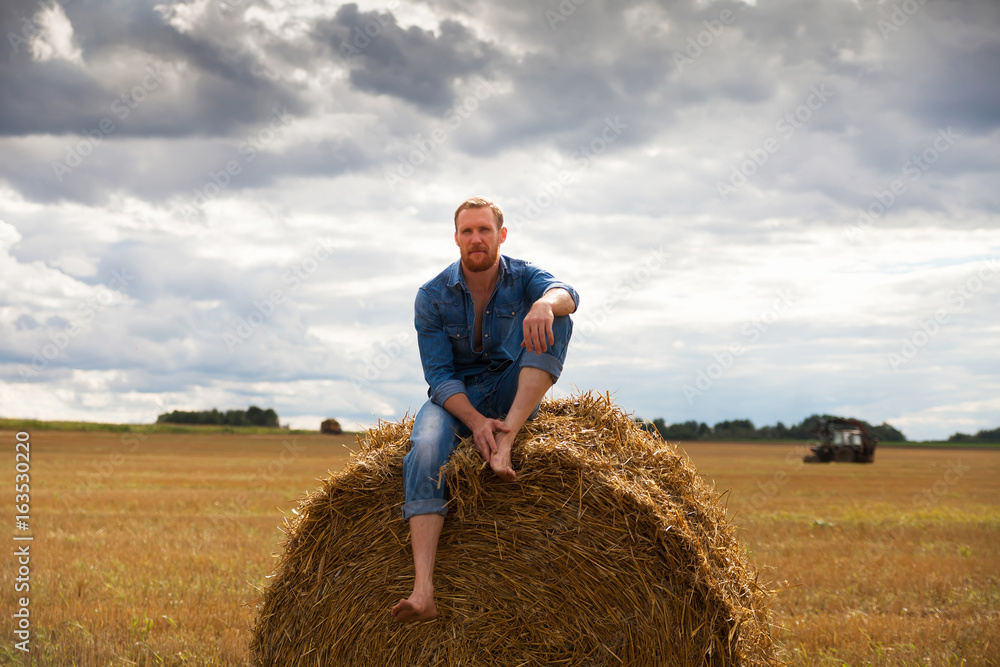 man in jeans on hay on field. man in jeans on hay on field.