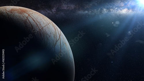 Fototapeta Naklejka Na Ścianę i Meble -  Europa, moon of the planet Jupiter in front of the Milky Way galaxy and the Sun
