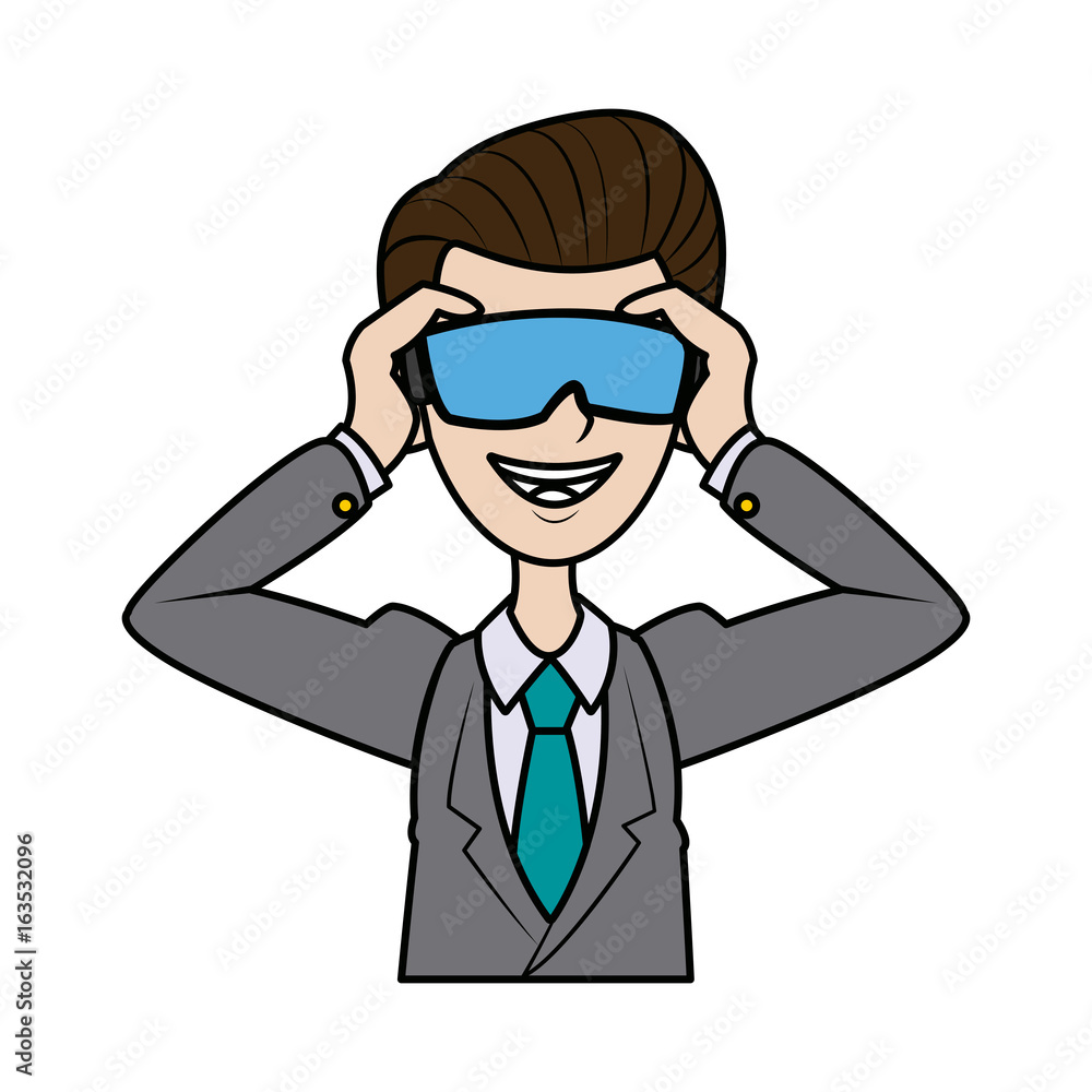 young business man wearing vr headset entertainment young business man wearing vr headset entertainment