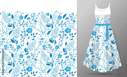 Flower embroidery on dress mock up. Fashion decoration patch realistic 3d vector illustration woman clothes. Traditional flower seamless border textile print vintage art