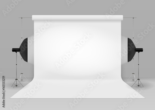 Empty photo studio with lighting equipment. 3d studio setup with white background. isolated on grey background. Vector illustration.