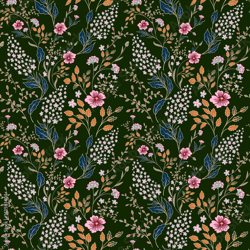 Fototapeta Naklejka Na Ścianę i Meble -  Vector seamless bright colorful gentle hand drawn little ditsy flower pattern. Bright floral allover print on black background