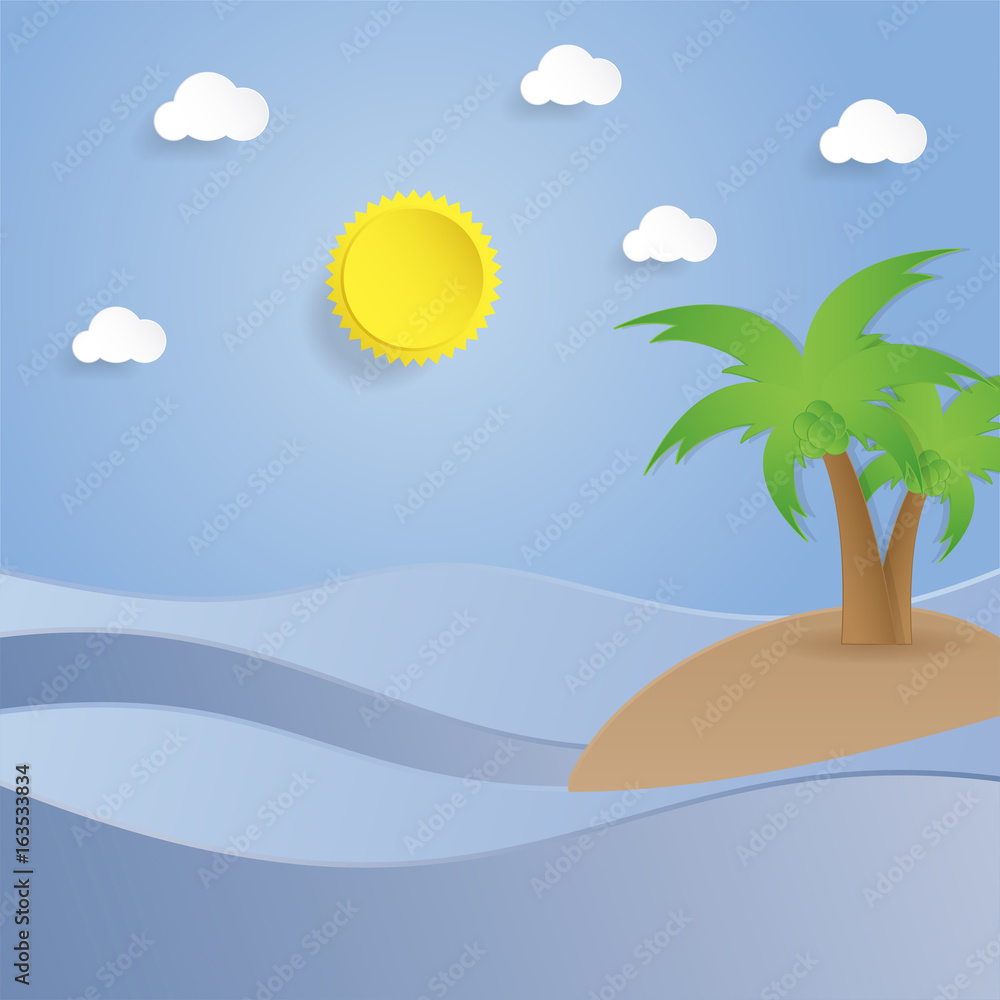 beautiful landscape of summer time background concept, paper cut style design