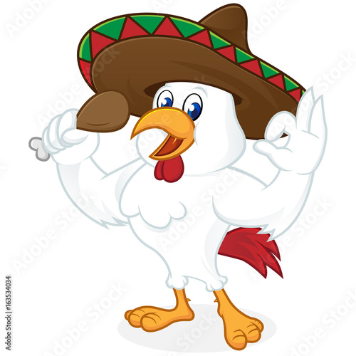 Chicken cartoon wearing sombrero and holding fried chicken