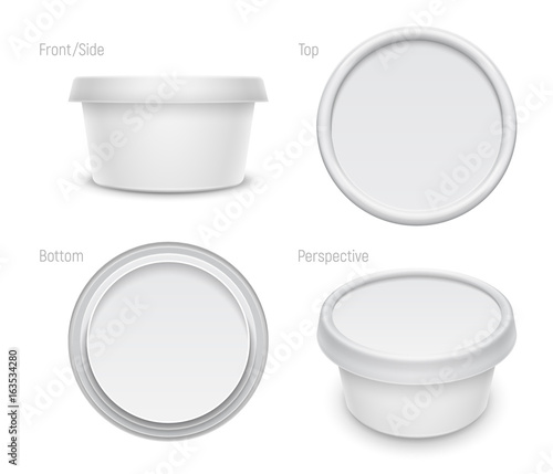 Vector white round container for cosmetics cream, butter or margarine spread. Packaging template illustration.
