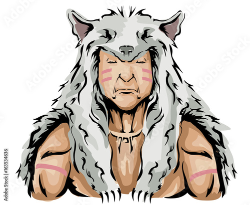 Man Native American Hunter Wolf Illustration