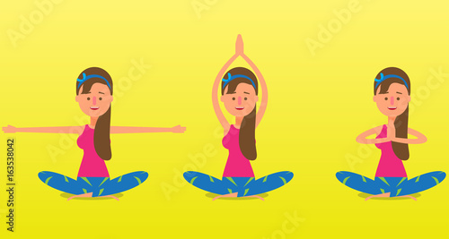 Vector yoga illustration, Young girl doing yoga. Healthy active lifestyle. Digital character illustration.