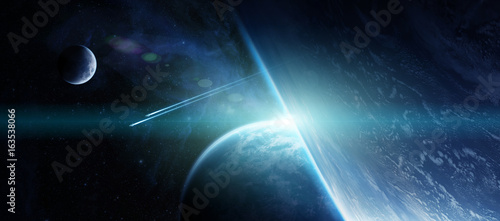 Fototapeta Naklejka Na Ścianę i Meble -  Sunrise over distant planet system in space 3D rendering elements of this image furnished by NASA