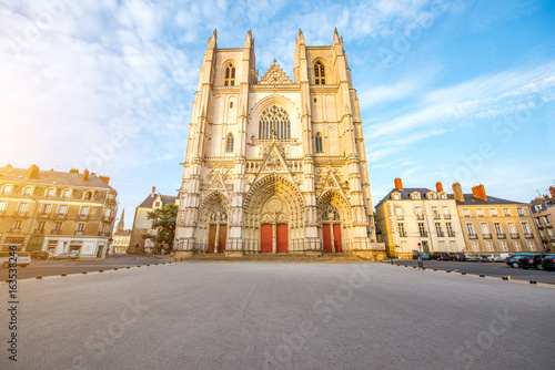 Sunset view on the saint Pierre cathedral in Nantes city in France