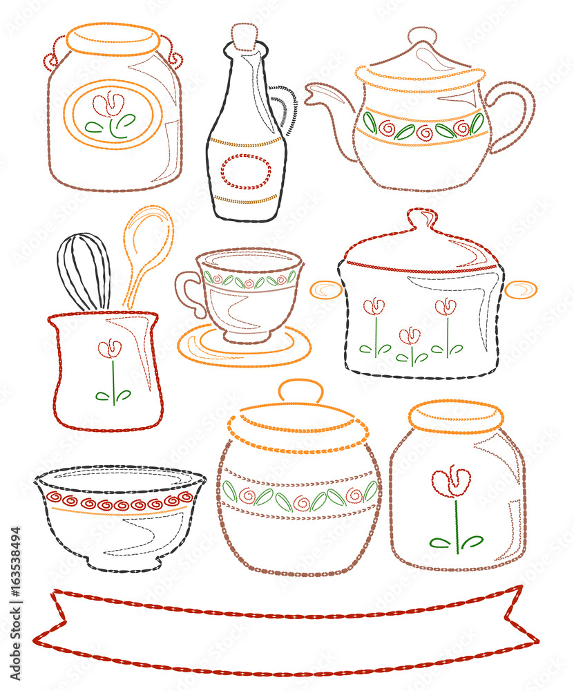 Obraz premium Stitch Kitchen Embroidered Elements Illustration
