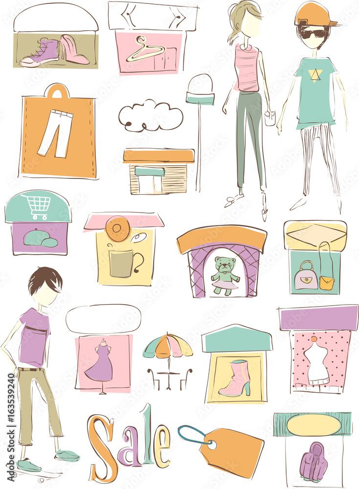 Sketch Fashion Store Elements Illustration