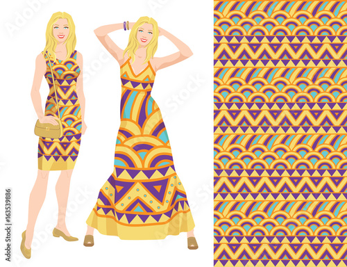 Vector illustration of blonde woman in dress with ethnic ornament. Young girls in expression pose isolated on white background. Pattern with ethnic ornament