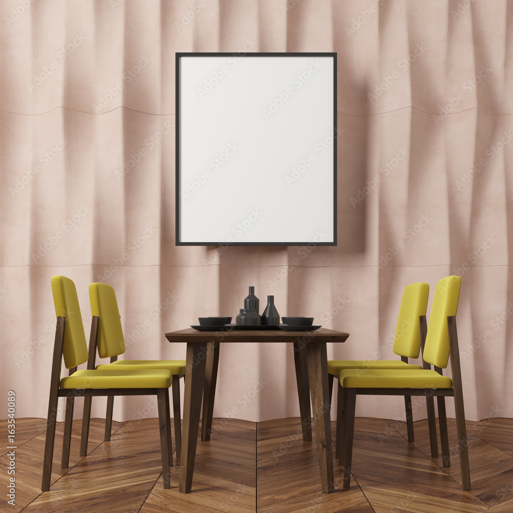 Beige textured wall dining room, yellow chairs Beige textured wall dining room, yellow chairs