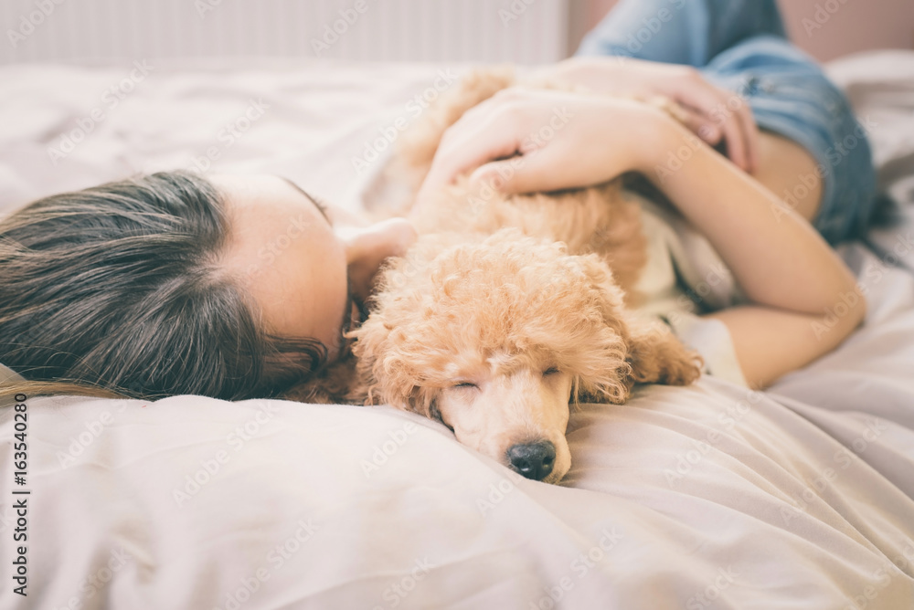 Young woman is lying and sleeping with poodle dog in bed. Young woman is lying and sleeping with poodle dog in bed.