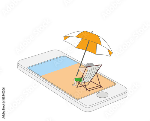 A man on a deckchair resting by the sea. Concept of relaxation on the phone. vector illustration  