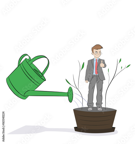 Line flat design vector illustration of hand watering man in flowerpot, concept for coaching, personal development, professional growth, human resources management isolated on white background
