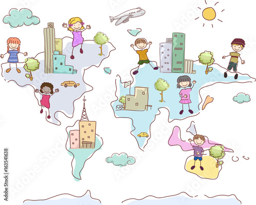 Stickman Kids World Map Illustration