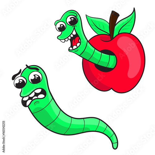 cartoon worm in an Apple, a frightened worm . character design, vector illustration.
