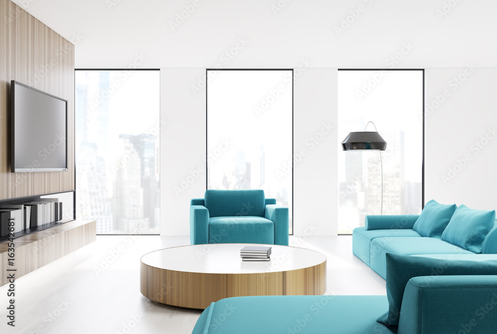 Fototapeta premium White living room interior, blue sofa