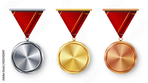 Champion Medals Blank Set Vector. Metal Realistic First, Second Third Placement Prize. Classic Empty Medals Concept. Red Ribbon. Sport Game Golden, Silver, Bronze Achievement Template