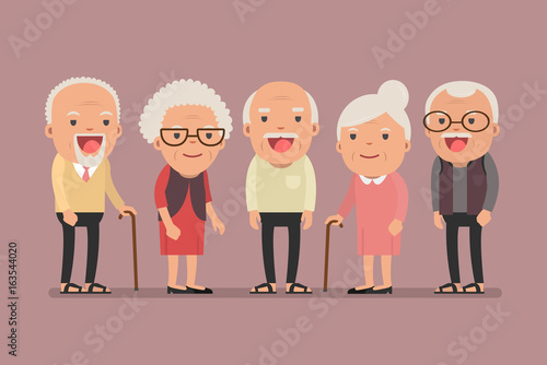 Group of elderly people stand together on background. Vector illustration in creative flat vector character design