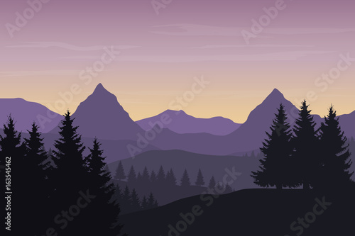 Realistic vector illustration of mountain landscape with forest under blue morning sky with clouds, with space for text