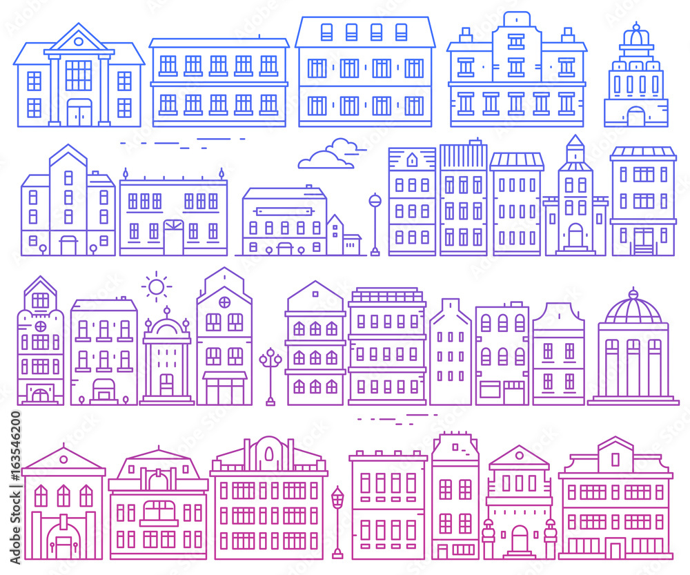 Big vector set of different urban structures. Illustration of color european detailed buildings on white background.