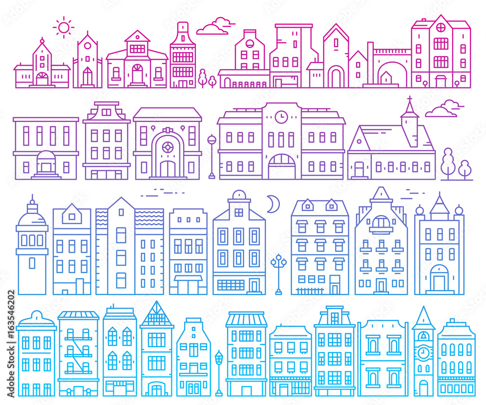 Illustration of different european detailed buildings on white background. Big vector set of color urban structures.