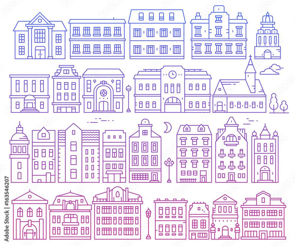 Big vector set of different urban architecture. Illustration of color public detailed buildings on white background.