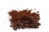 Pile of powdered, instant coffee and beans isolated on white background