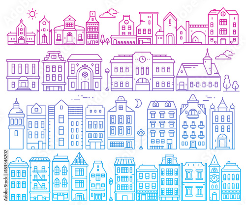 Illustration of different european detailed buildings on white background. Big vector set of color urban structures.